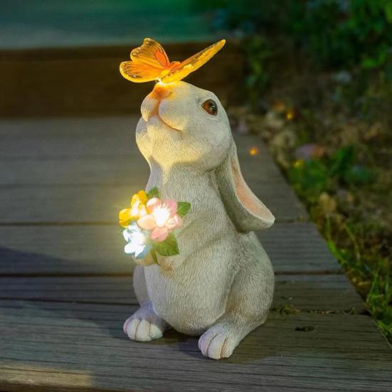 Outdoor Solar Rabbit Statue with LED Light Garden Waterproof Resin Butterfly Bunny Figurine Patio Yard Lawn Easter Decoration Ornament
