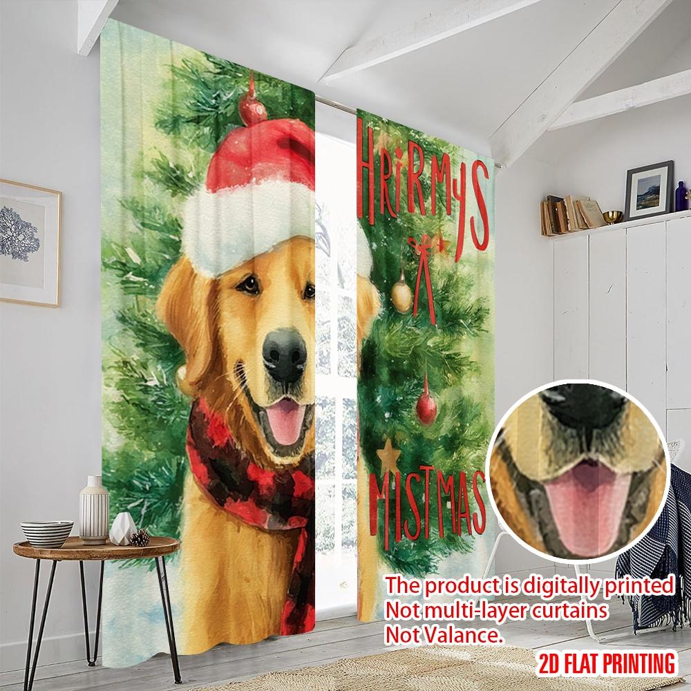 2pcs,2D Plane Printing Curtains Digital Printed Christmas Dog Versatile Fabric (without Rod) All Seasons Ldeal for Living Room,