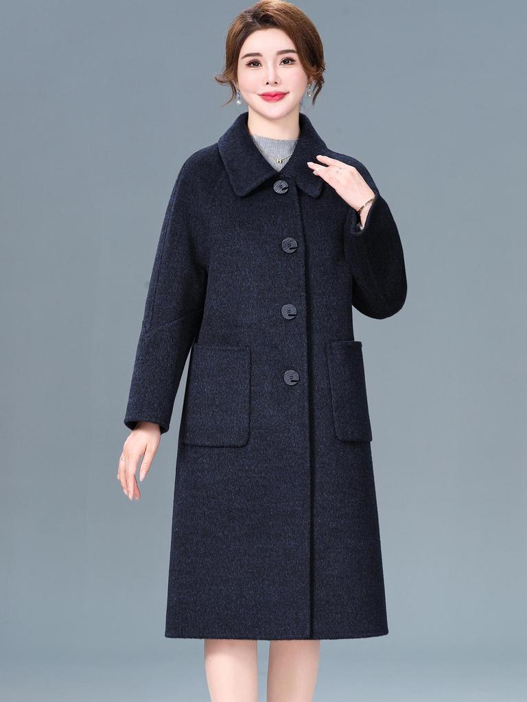 Płaszcz kaszmirowy dwustronny średniej długości mamy - Rozmiar plus, Luźny krój, Wysokiej klasy wełniany płaszcz wierzchni jesienno-zimowy dla kobiet w średnim wieku i starszych.