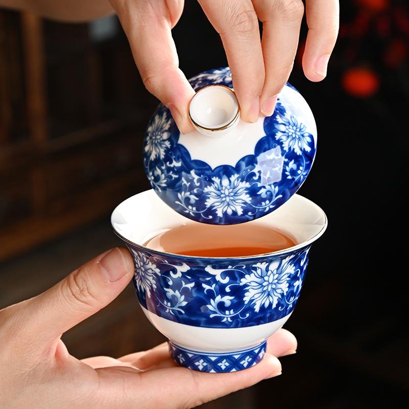 Kung Fu Tea Set, Household Ceramics, a Complete Set of Retro Sets, Blue and White Cover Bowls, High-end and High-grade Gift Boxes, Gift Souvenirs