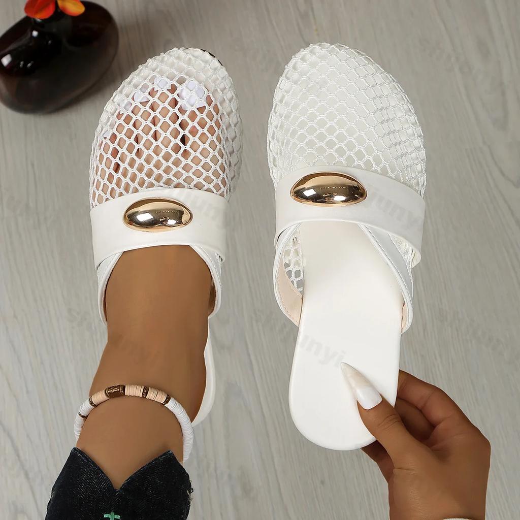 Fashion Leopard Design Casual Flat Half Slippers for Women 2026 Summer Mesh Hollow Breathable Comfortable Slip On Beach Sandals