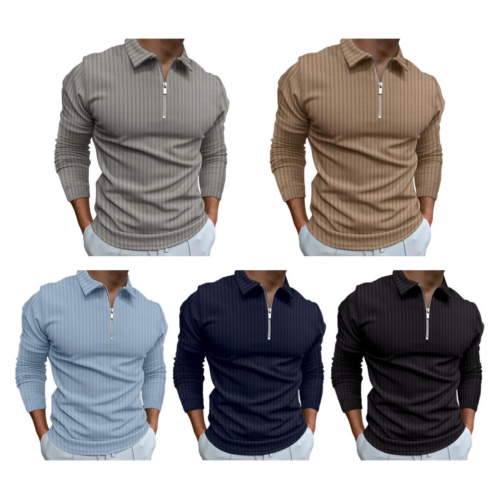 Fall Men Shirt Zipper Turn-down Collar Long Sleeves Pure Color Striped Slim Fit Pullover Formal Business Style Daily Top