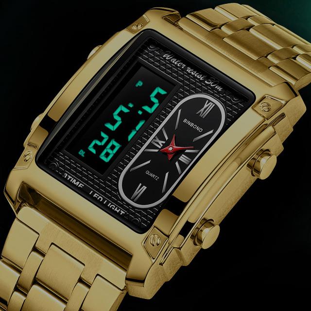 Binbond 2311 B2311 Gold Square LED Luxury Watch Fashion Quartz Digital Wristwatch Stainless Steel Business Watches for Men Reloj