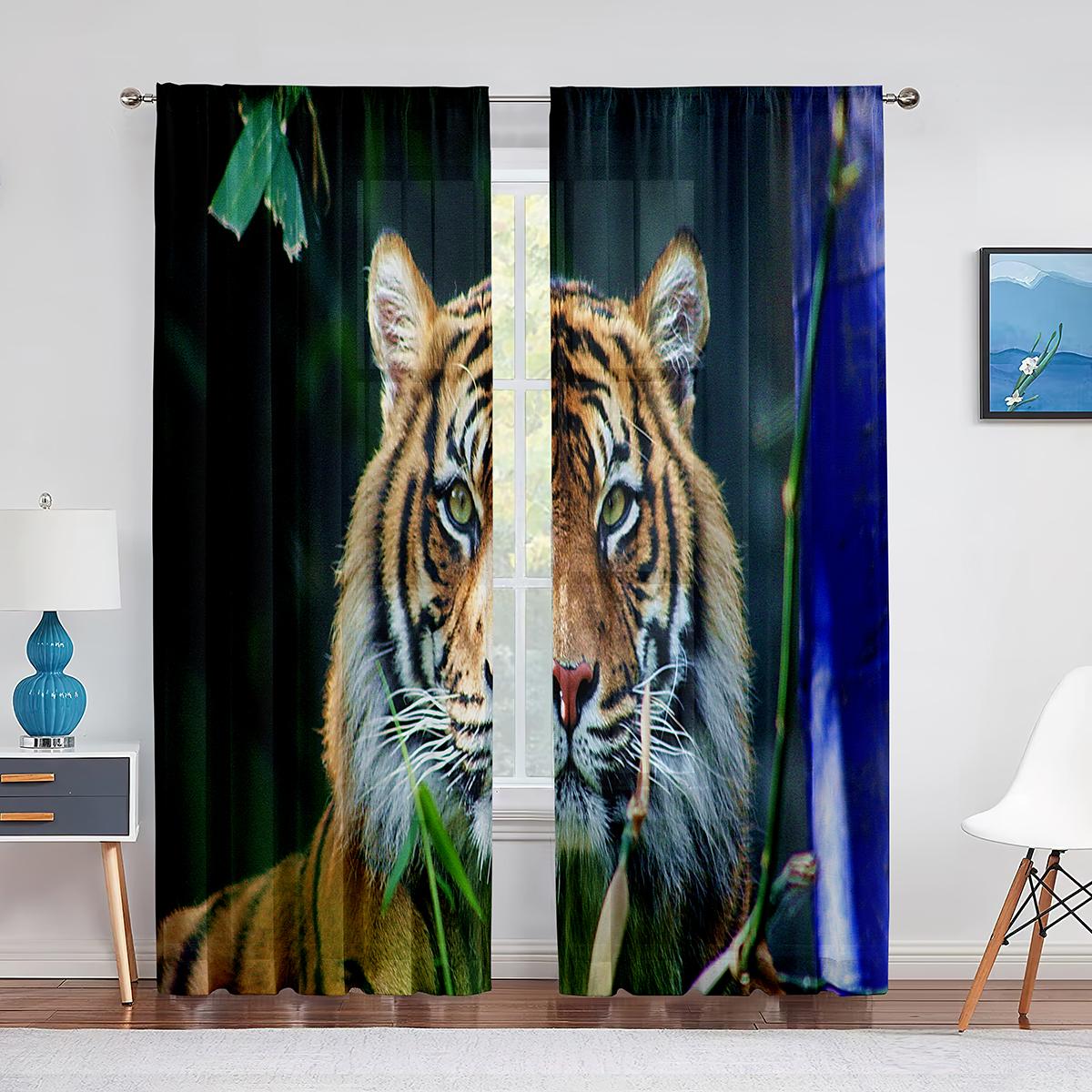 Grijze Tijgerkop Thema Wilde Dieren Transparante Voile Gordijnen voor Slaapkamer Woonkamer Hotel Decor Keukenraam Chiffon Tule Gordijn 1 PCS W100XH250cm&Grommet Top
