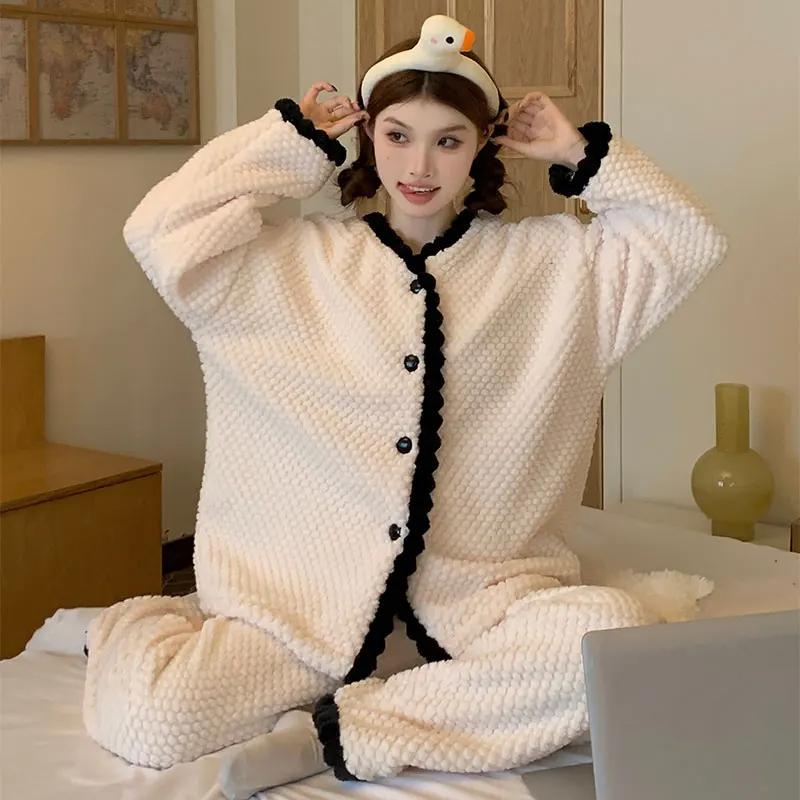 Ladies Pyjama Women Winter Flannel Pajama Set Fleece Pajamas Sleepwear Thick Warm Velvet Female Homewear Suit Cute Sweet Pijama
