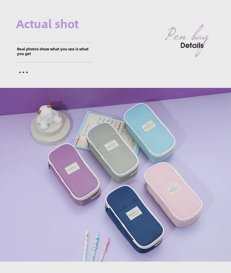 Double-Layer Macaron Composite Cloth Pencil Case with Large Capacity - Japanese & Korean Style, Multifunctional for Students