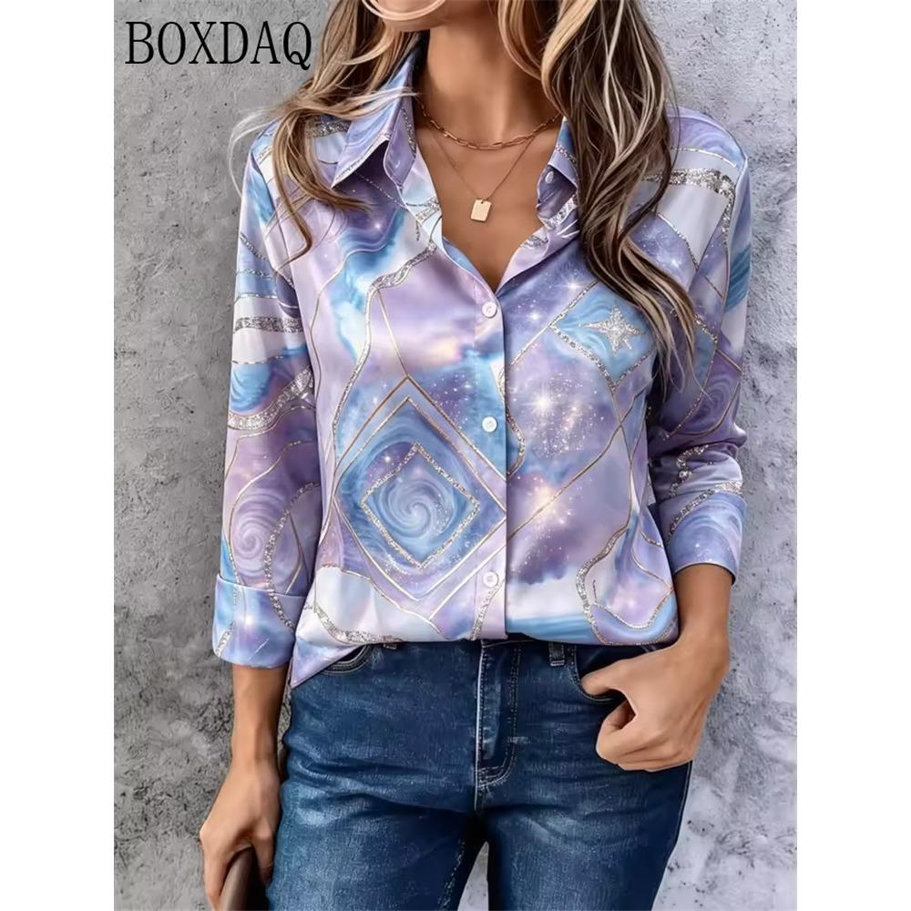 Casual long sleeved lapel women's blouse abstract 3D print loose button women's shirt autumn fashionable women's tops 2026