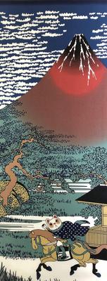 Yagisei Lucky Cat Series Printed Tenugui Hand Hokusai Parody Lucky Charm Made In Japan (Japanese Towel) "Red Fuji"