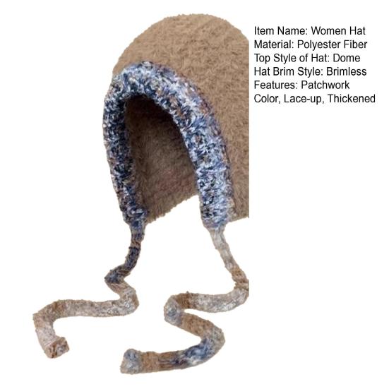 Women Hat Patchwork Color Elastic Design Knitted Winter Hat Ear Protection Thickened Warm Windproof Hat Outdoor Activities Accessory
