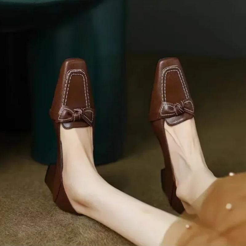 Women Retro Bowknot High Heels Spring Autumn Fashion Elegant Square Toe Stiletto Chunky Heels Pumps Party Dress Casual Shoes