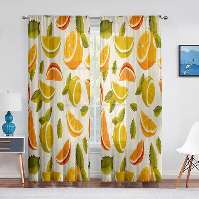 Tüllvorhänge mit rundem Zitrusdesign und Zitronen-Orangenfrüchten für Wohnzimmer und Schlafzimmer, transparenter Chiffon-Voile-Fenstervorhang