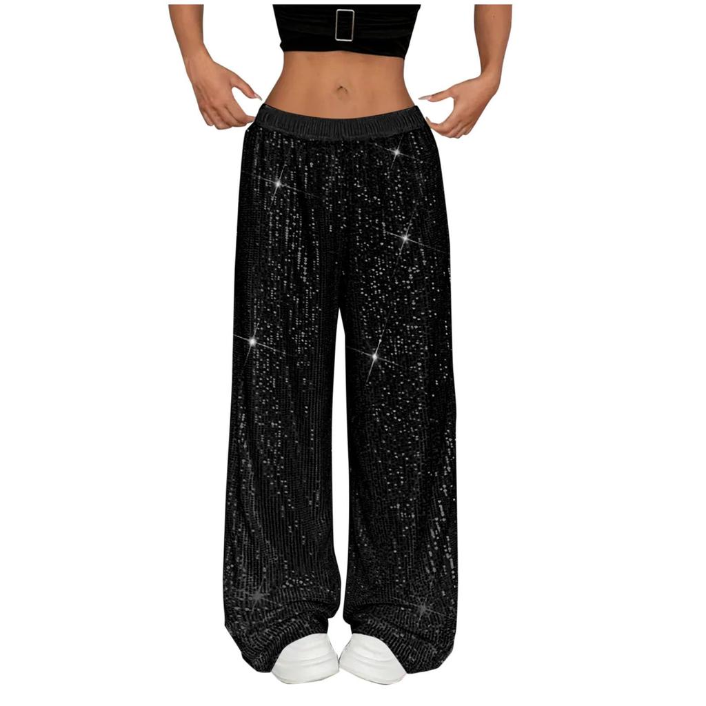 Sequin Pants Women Stretchy High Waist Wide Leg Pant Casual Loose Glitter Trousers Bling Party Clubwear