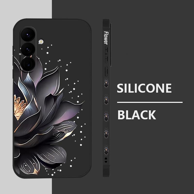 Black Flowers Printing Lanyard Case For Samsung Galaxy S25 Ultra S24 S23 S22 Plus S21 FE A15 A16 A35 A36 A54 A55 A56 5G Capa Coque
