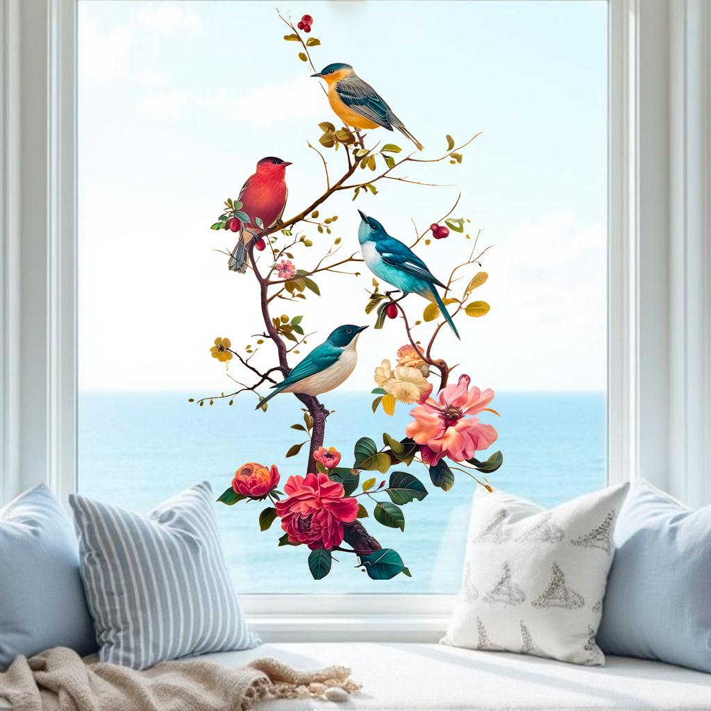 Blumen Vogel auf Ast Statisch Haftend Fensteraufkleber Selbstklebend Abnehmbar Schlafzimmer Wohnzimmer Balkon Glastür Heimdeko Kunst