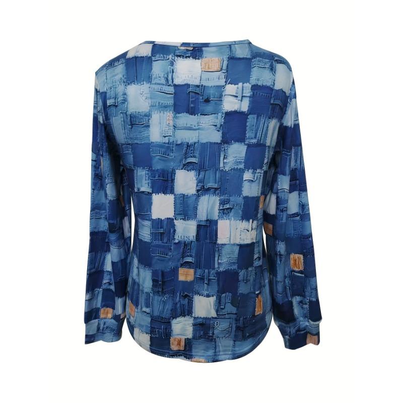 Fashionable Casual Spring/Autumn New Arrival Denim Print Zippered Round Neck Long Sleeve Women's Top