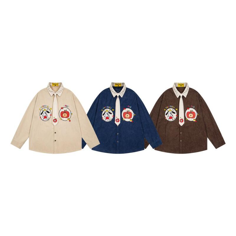 American Style Cartoon Embroidered Corduroy Contrast Shirt Loose Casual Couple Top Men