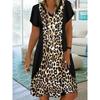 Spring and Summer Women's Elegant Short Sleeved Dress with Leopard Print Element Mixed Pattern Print, V-neck Short Sleeved Dress