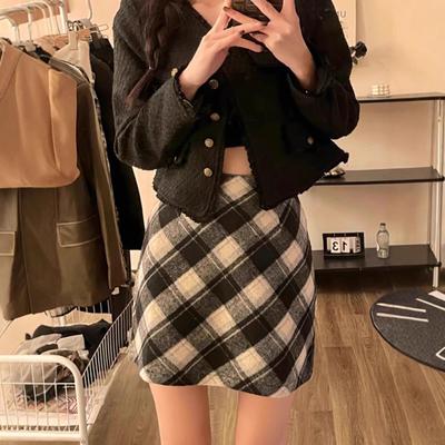 Plus Size Plaid Woolen Midi Skirt - Autumn/Winter Retro High Waist A-line Bodycon for Pear Shape