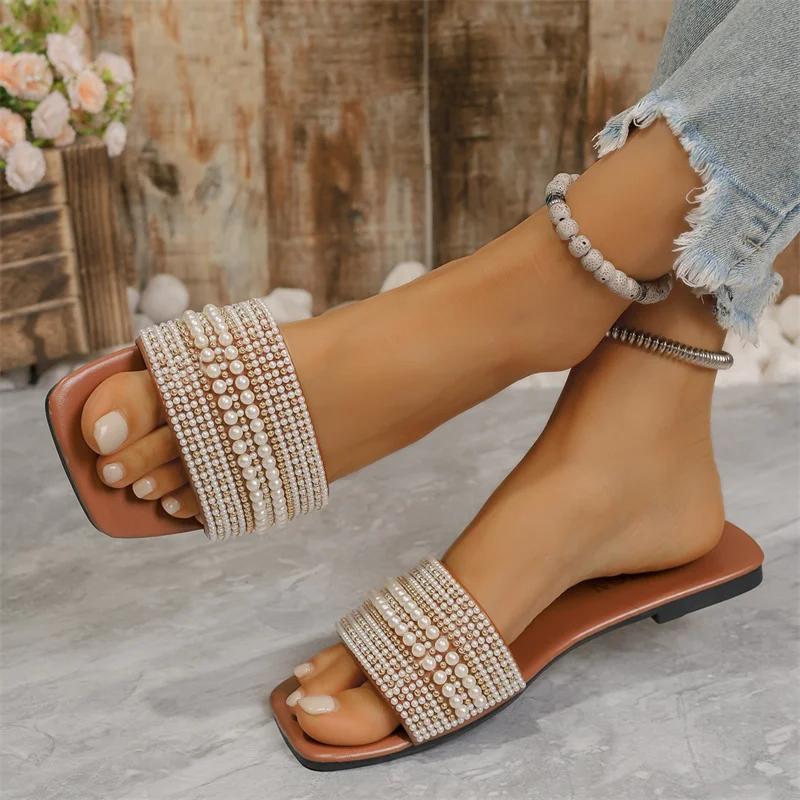 summer fashionable sexy light casual women's shoes large size comfortable square head pearl decoration solid color flat slippers