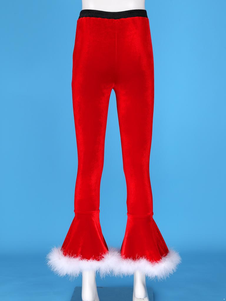 Women's Velvet Christmas Cosplay Faux Fur Adorned Elastic Waist Flare Leg Long Pants Trousers