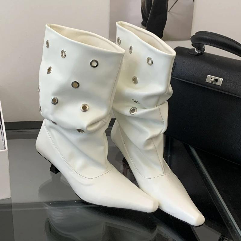 

Брендовые Женские Сапоги Сексуальные С Острым Носком Низкий Каблук Средней Длины Заклепки Современные Сапоги Женские Осень Зима Высокие Сапоги Женские 35 белый