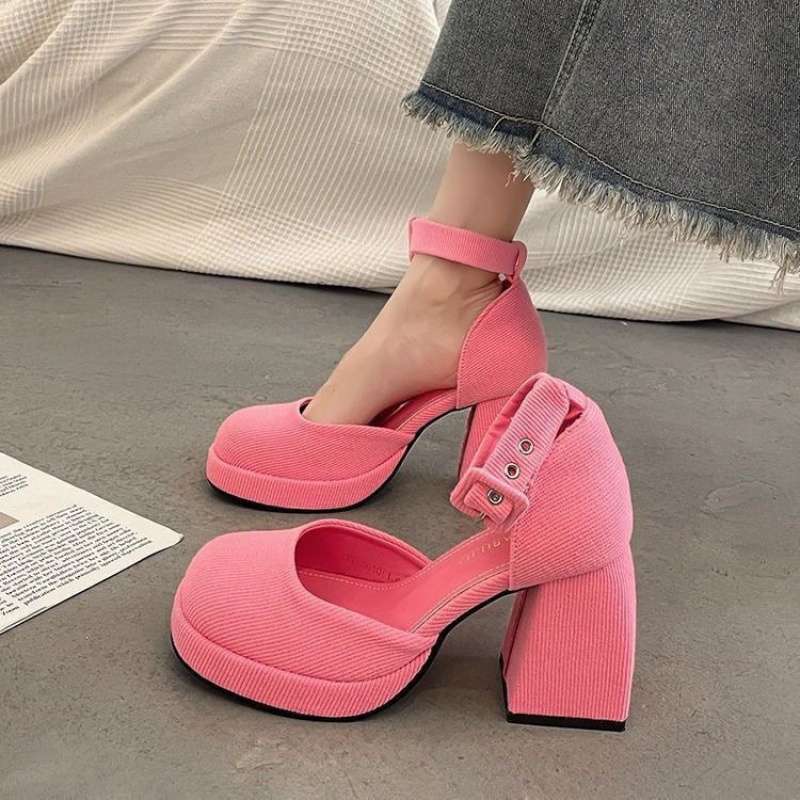 Small high-heeled thick-heeled Mary Jane shoes women's waterproof table hollow bag head sandals spring 2025 new pink