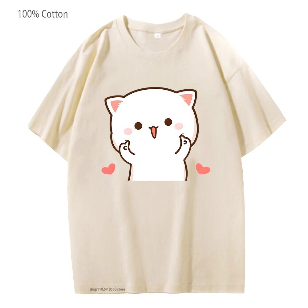 Cute Peach and Goma Mochi Cat Tshirt Women Cartoon Print Shirts Female Girls Kawaii Clothes Funny Tees Cotton Tops