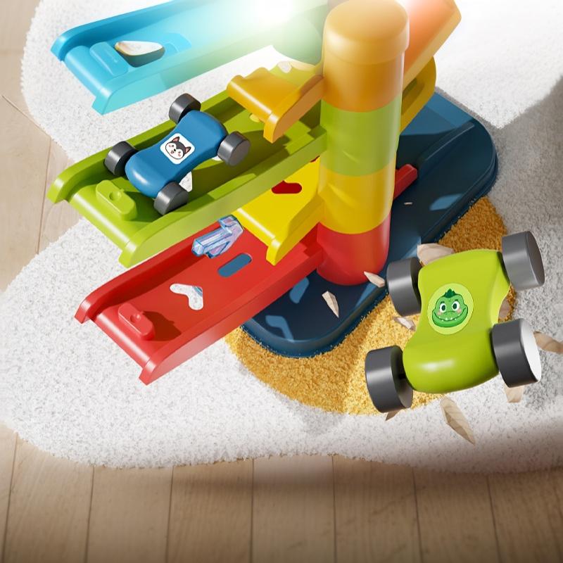 Toddler Car Sliding Ramp Toy with Mini Cartoon Cars Multi Layer Tracks BPA Free Smooth Surface Play Set for 1-3 Year Old Baby Boys Girls