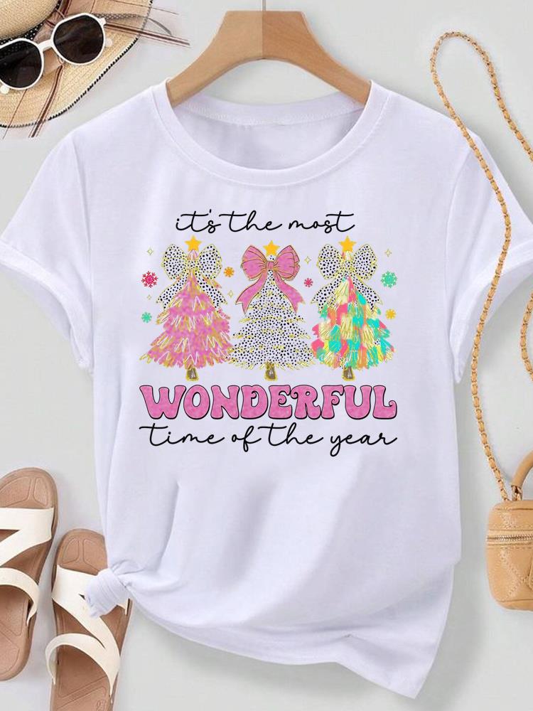 (Asian Size) Lovely Watercolor Cute Merry Christmas New Year Women's Top T Tee Festival O-neck Clothing Print Fashion Ladies Graphic T-shirts