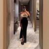 Europe and the United States Autumn Popular Sexy Babes One Word Shoulder Hairy Tube Top Slit Dress Women
