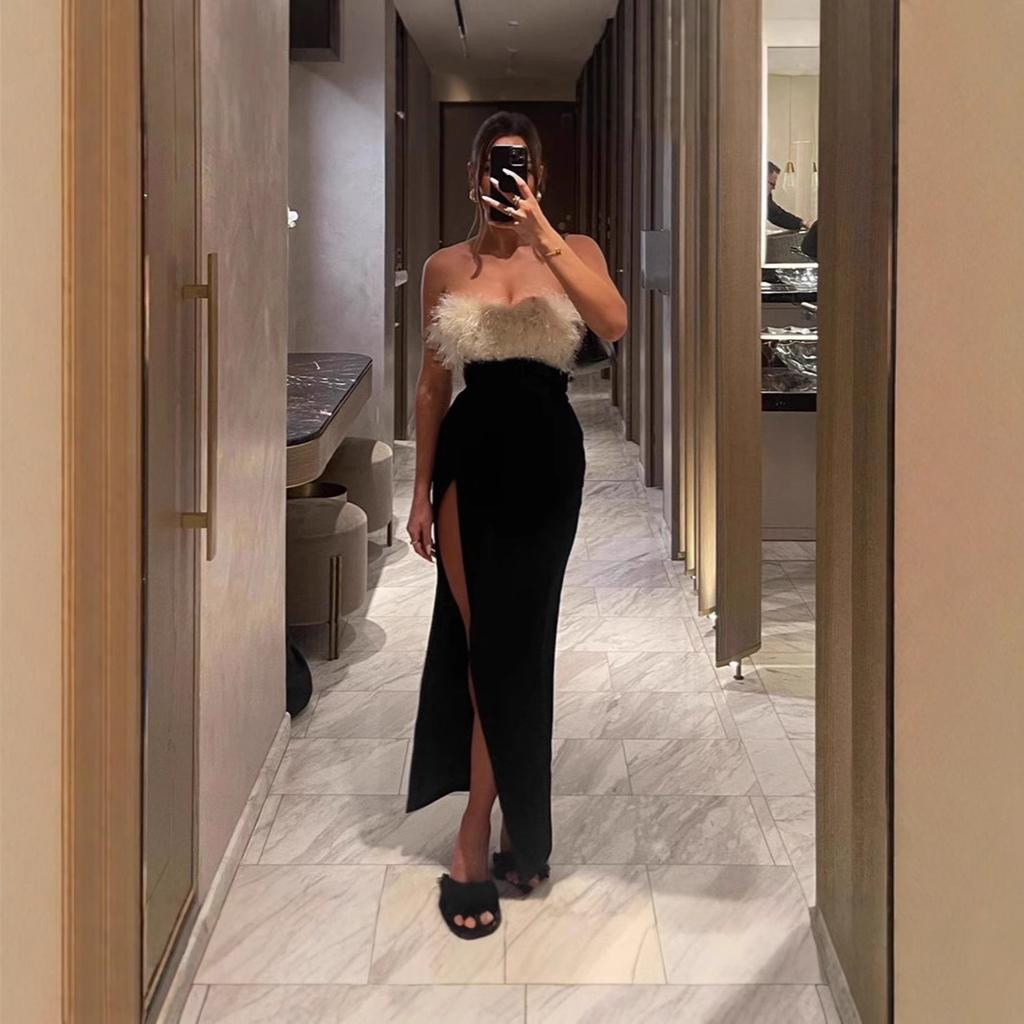 Europe and the United States Autumn Popular Sexy Babes One Word Shoulder Hairy Tube Top Slit Dress Women