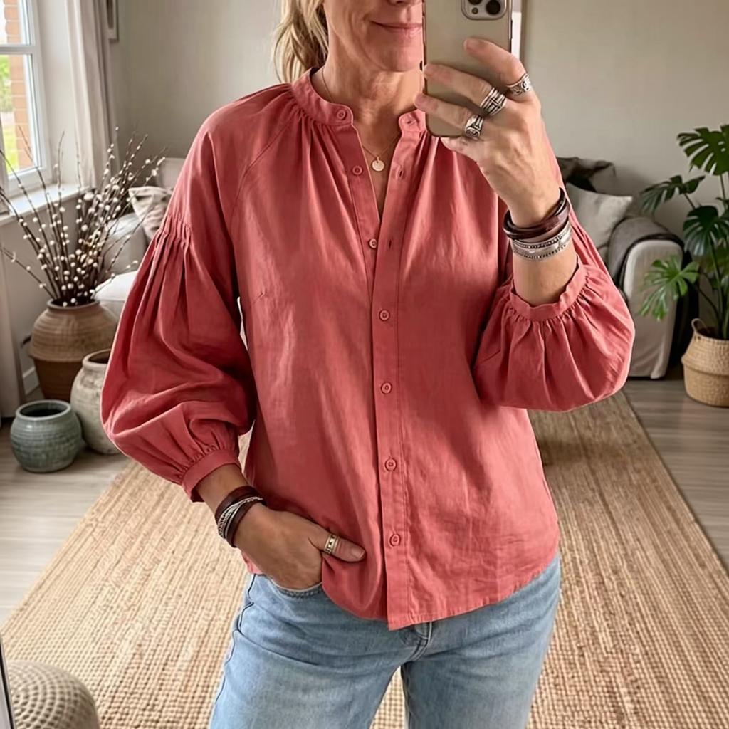 Women's Raglan Puff Sleeve Blouse - Loose Fit Casual Top with Single Button Closure