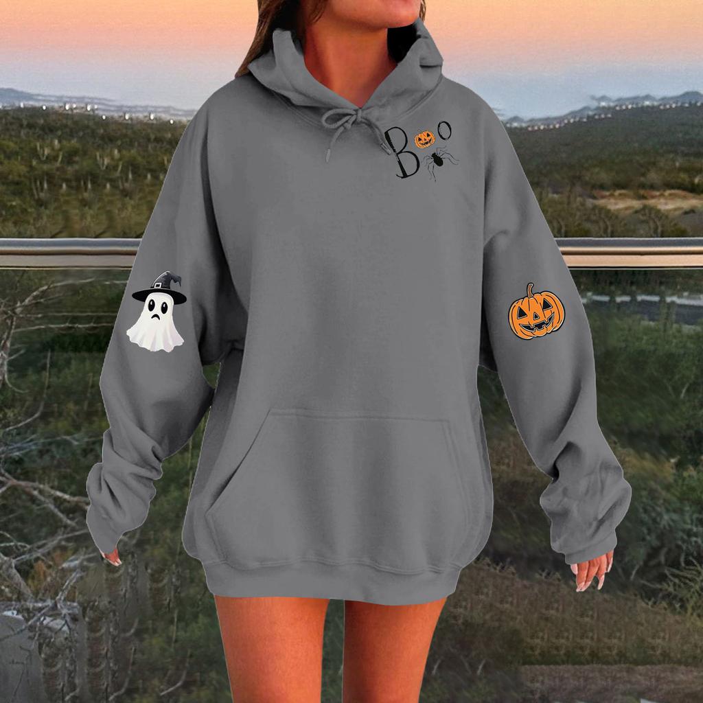 Women's Solid Color Long Sleeve Casual Halloween Print Pullover Hooded Sweatshirt