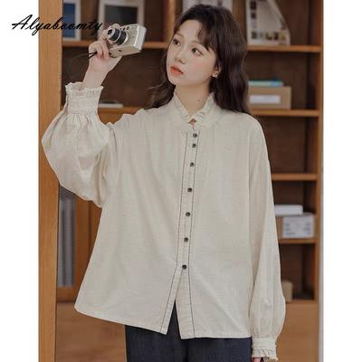 Japanische Mori Girl Frühling Herbst Damen Bluse Rüschenkragen Große Größen Lässig Locker Hemd Baumwolle Leinen Vintage Oversize Baggy Blusen