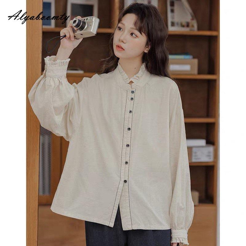 

Japanese Mori Girl Spring Autumn Women Blouse Ruffled Collar Plus Size Casual Loose Shirt Cotton Linen Vintage Oversized Baggy Blusas One Size