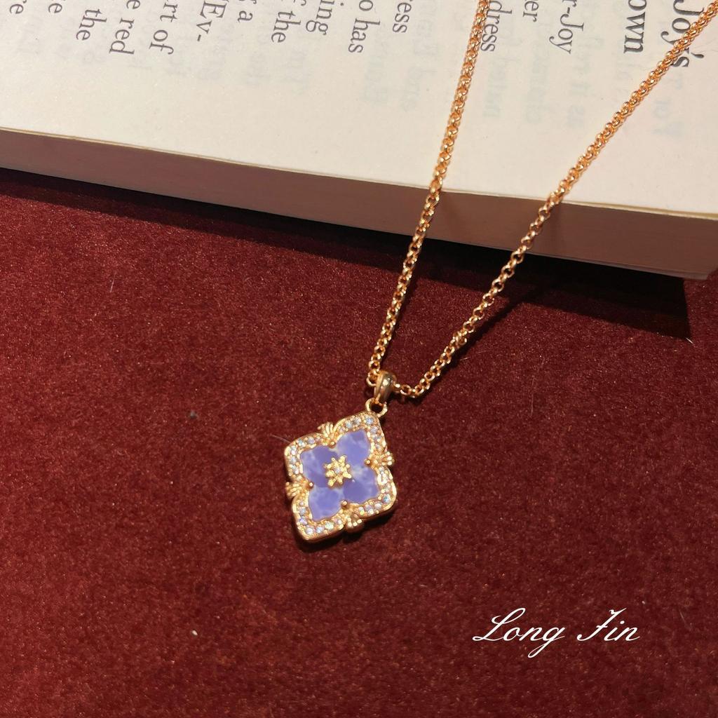 French Retro Raspuche Four-Leaf Clover Blue-Purple Suit, Bracelet Necklace, Earrings, Court Style, Light Luxury And Versatile.