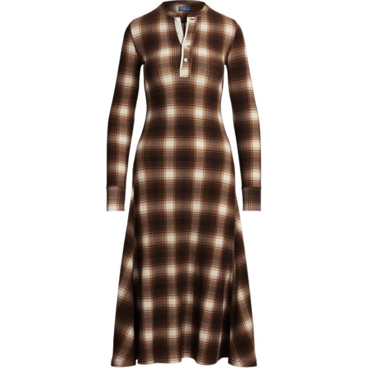 

Polo Ralph Lauren FW24 Waffle Cotton Slim Fit Flared Long Sleeve Dress Women dresses Dark-Plaid WMPODRSNFA20766-200 S