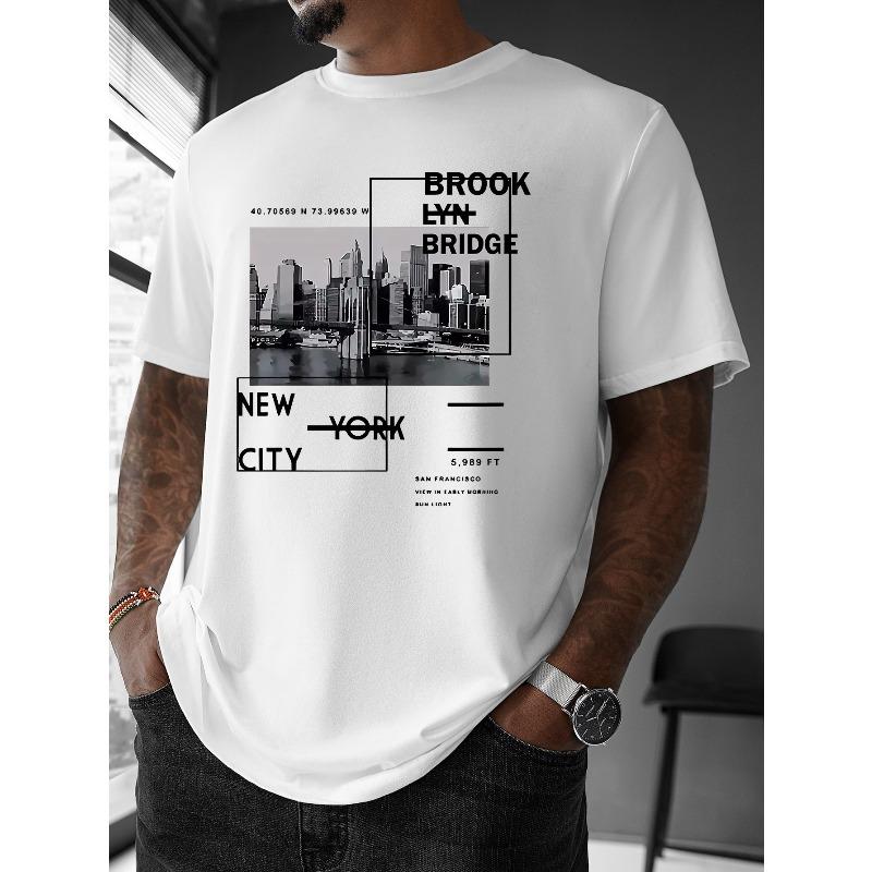 European Sizes New York Directional Opening Men's Fashion Casual Crew Neck T-Shirt, Men's Base Layer Versatile Top, Summer Men's Clothing