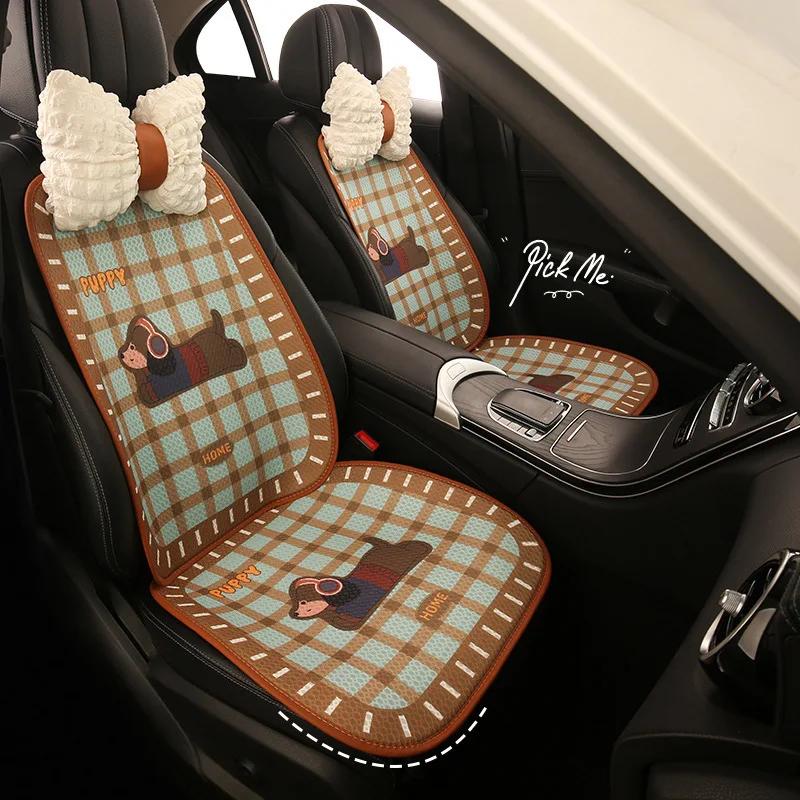 Cartoon Retro Checkered Puppy Design Universal Car Seat Cushion Four Seasons Auto Seat Covers Comfortable Soft Material