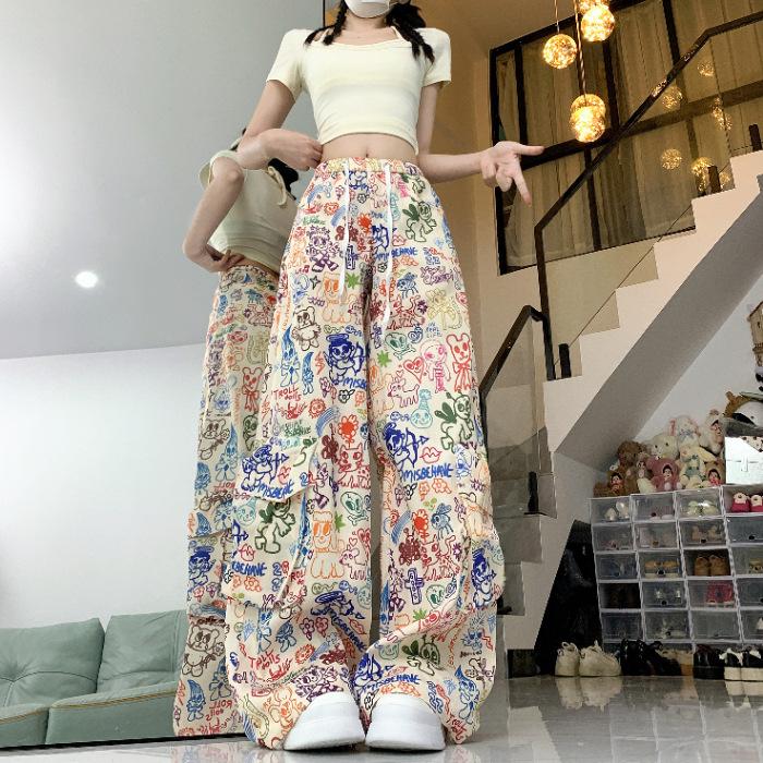 

Retro Cartoon Graffiti Tooling Casual Pants Women s Print Wide-leg Pants Loose and Thin Straight Mopping Pants Fashion Y2K-inspired Wide-leg Pants S