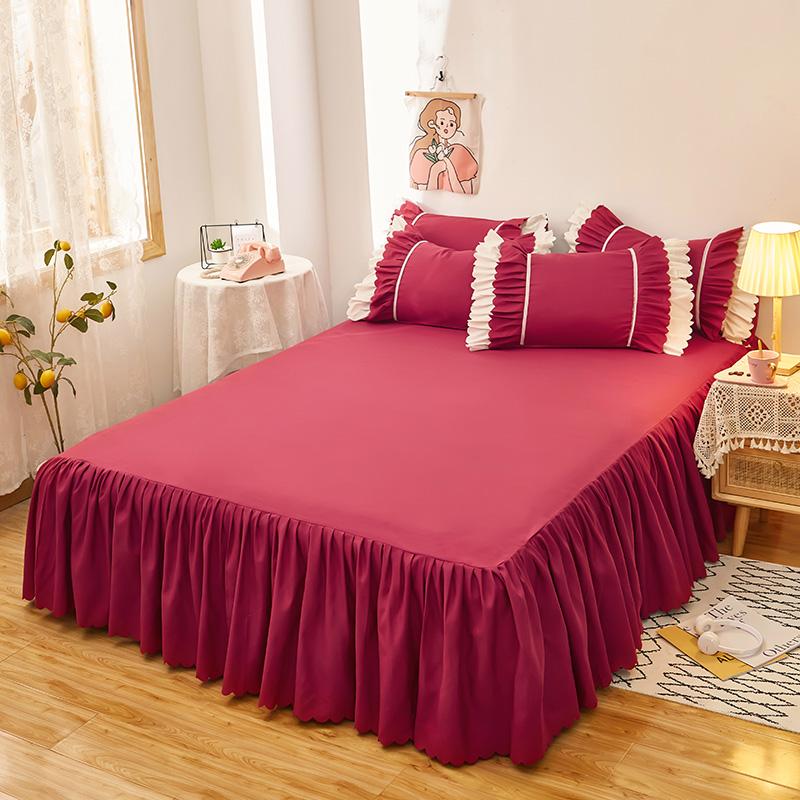 Solid Color Bed Skirt Set 3Pcs Ruffles Bed Skirt with 2 Pillowcases Romantic Queen Size Bedding Set Girls Princess Room Decor
