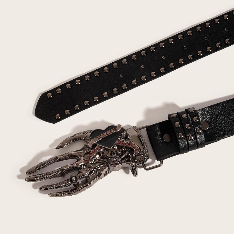 Gothic Skull Claw Buckle Belt Metal Riveted Leather Waist Belt Y2K Rock Streetwear Waistband For Men Women