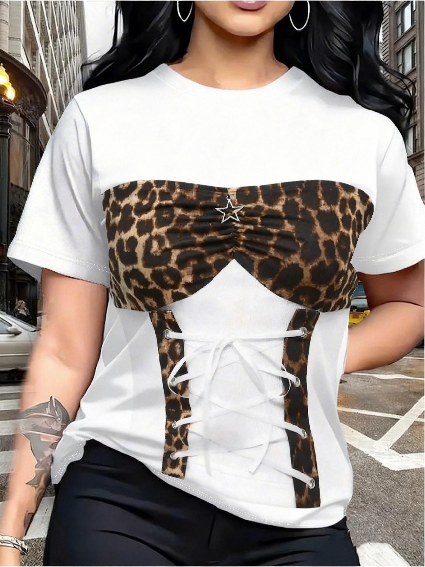 

[Printed Design-No Texture] Summer Women s Clothing. Leopard Print Faux 2pcs Printed T-Shirt. Women s Loose Round Neck Short Sleeve Casual Top. W 2XL дубильна кора