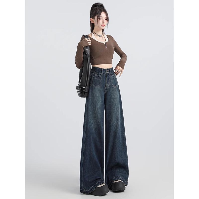 Autumn/Winter 2024 Women's High-Waisted Double-Button Wide-Leg Jeans - American Loose Straight-Fit Floor-Length Pants