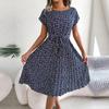 Spring Summer Women Short Sleeve Floral Pleated High Waist A Line Long Dress