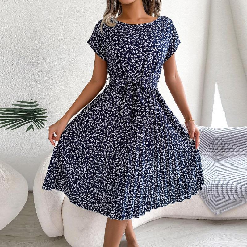 Spring Summer Women Short Sleeve Floral Pleated High Waist A Line Long Dress