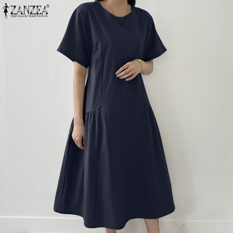 

ZANZEA женское хлопковое платье с круглым вырезом и коротким рукавом, однотонное летнее свободное повседневное платье