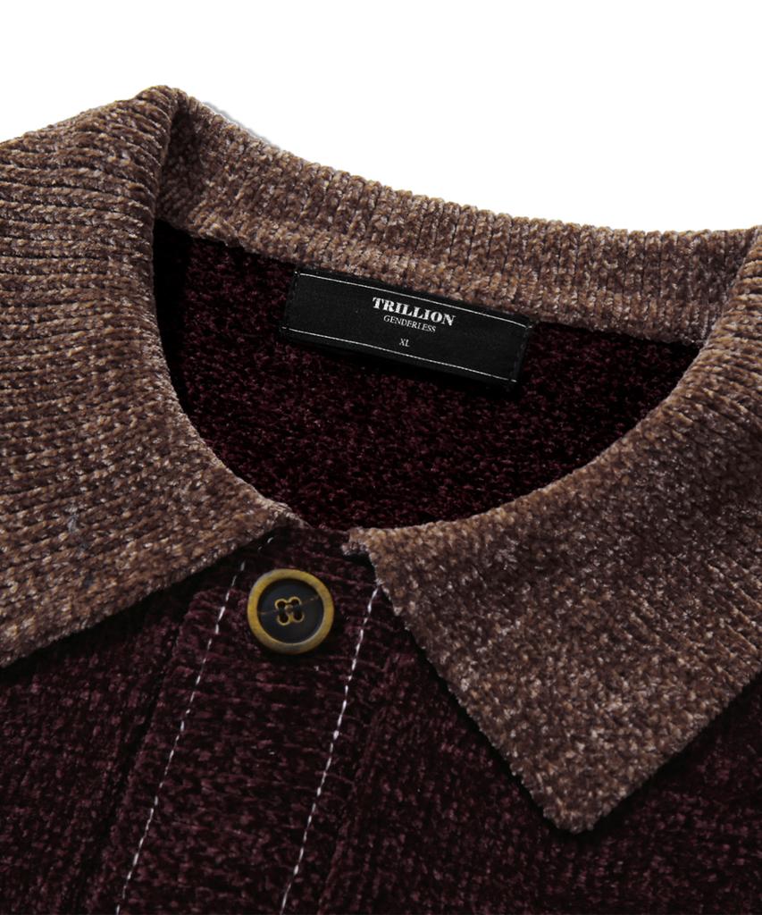 TRILLION Leather Patchwork Velvet Cardigan Knit_Purple Brown