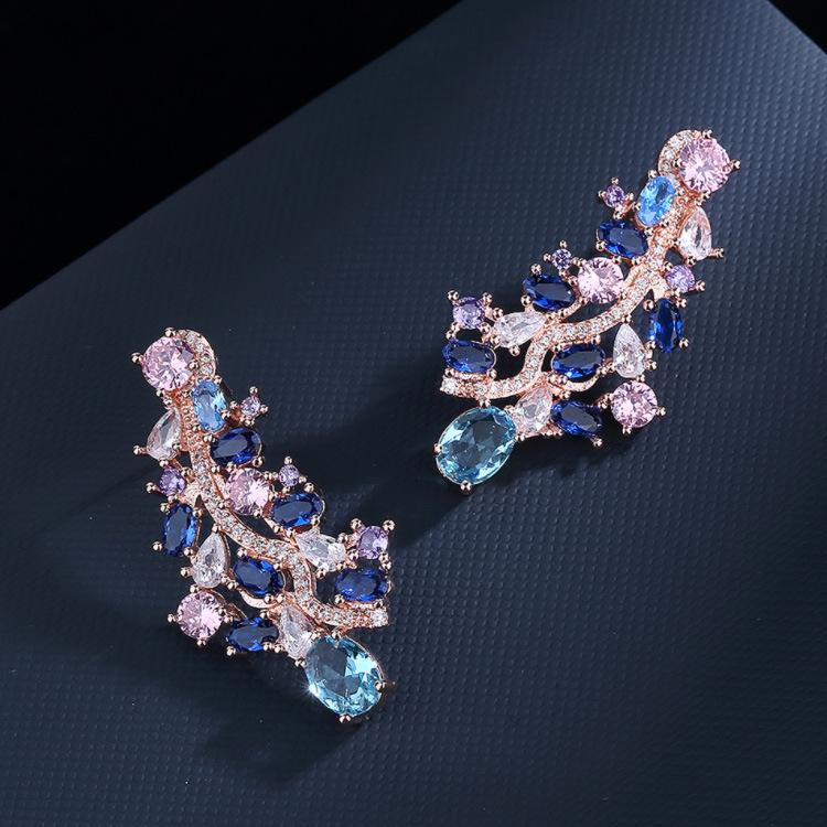 Idyllic Sapphire Tassel Earrings Cold Wind Jewelry Colored Zircon Earrings Long Ear Clips