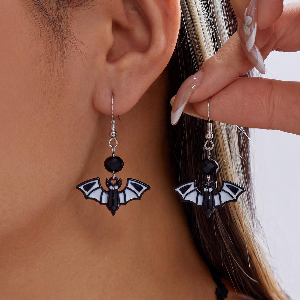 Gothic Punk Black Bat Dangle Earrings For Women Red Crystal Beads Dark Style Bat Drop  Earring Halloween Party Horror Jewelry